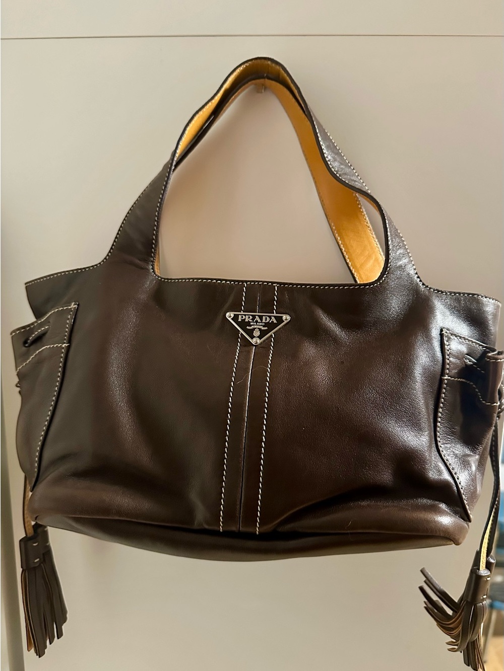 Prada Brown Leather Tote with Yellow Interior Trim